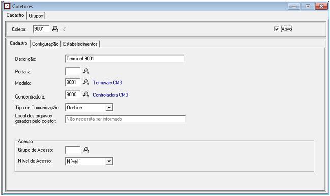 Coletor: informe um código para o terminal Descrição: informe uma descrição para o terminal Modelo: relacione o terminal ao modelo cadastrado com a Marca