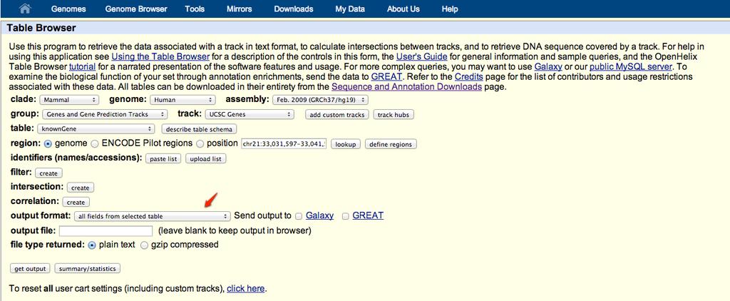 Figura 3.2: UCSC Table Browser site Output Format (ver figura 3.2) que permite escolher, entre outros formatos, GTF e BED.