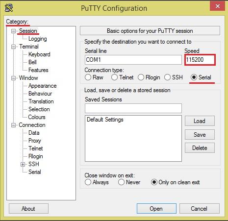 Isso torna-se válido quando o endereço IP do cartão é desconhecido. Conecte um cabo serial RS232 entre as portas serial do cartão e do PC. Depois disso, execute o HyperTerminal.