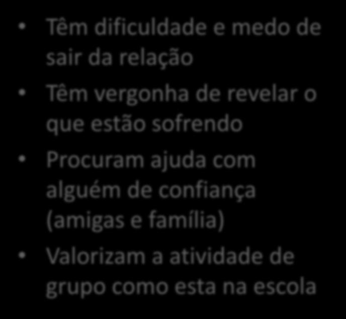 Como lidam com a VNA MOÇAS Têm dificuldade e medo de sair da relação Têm vergonha de revelar o