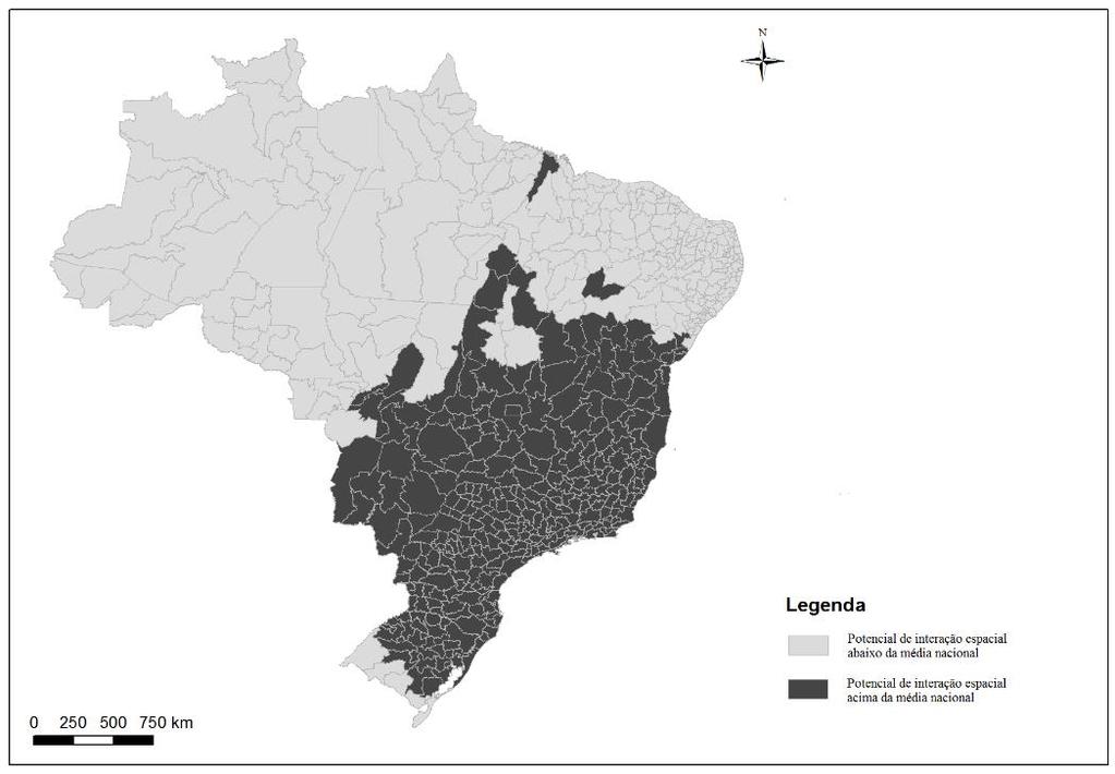 31 Figura 2 Potencial de interação espacial entre as microrregiões brasileiras Fonte: Elaboração própria, 2016, com base nos dados de BRASIL/PNLT, 2010 A análise dos dados em níveis relativamente