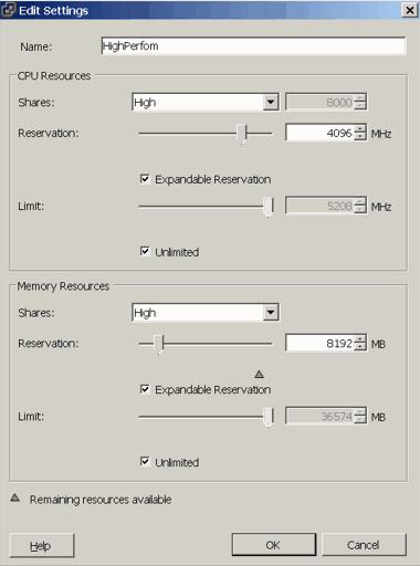 Recomendações de infraestrutura Capítulo 5 Para cada recurso de pool, você configura compartilhamentos de memória e da CPU, reservas expansíveis e limites, como mostrado na Figura 5.