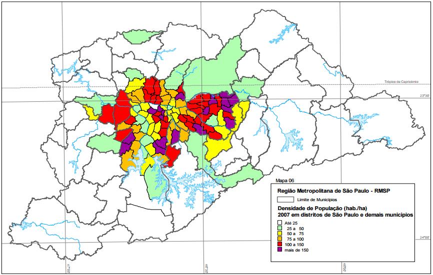 Densidade populacional (hab./ha) por distrito Densidade de empregos (emp.