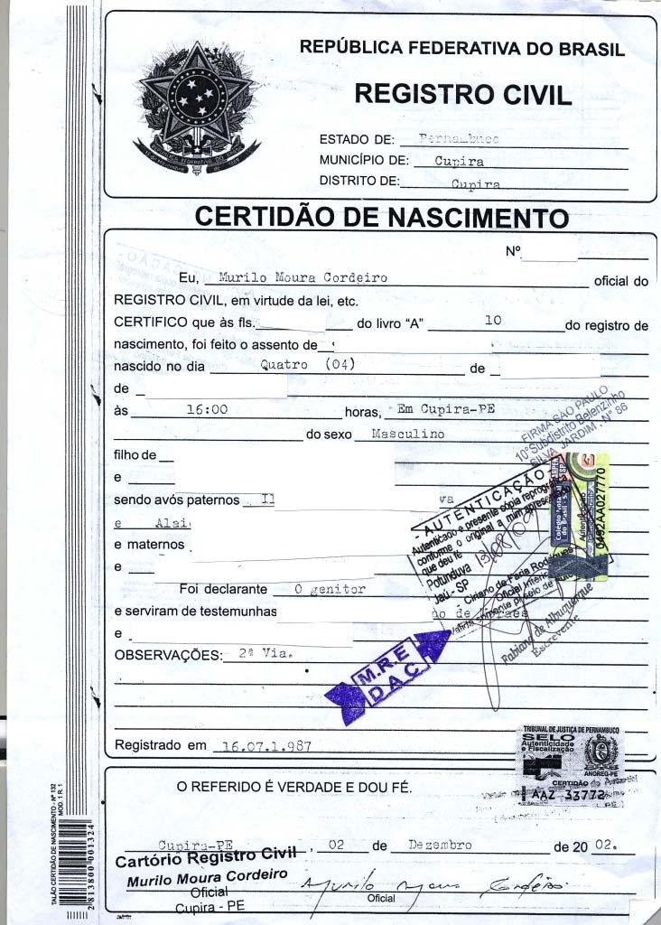 CERTIDAO DE NACIMENTO (Copia autenticada do Original) Autenticação e reconhecimento de firma em Original e Copia de Certidão de Nascimento em cartório.