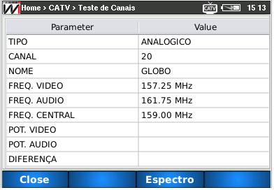 5.1 Módulo CATV O módulo CATV é utilizado para fazer medições e testes de sinais de tv a cabo tanto digital como analógico. As seguintes opções podem ser acessadas nesse módulo. Figura 5.