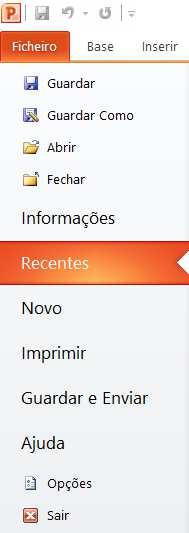 Outros elementos importantes do ambiente de trabalho são: Friso Ficheiro, disponibiliza os habituais comandos básicos: Guardar, Guardar Como, Abrir, Fechar, Informações, Recentes, Novo, Imprimir,