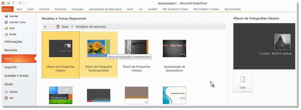 Criando Apresentações Criar uma apresentação no Microsoft PowerPoint 2010 inclui: definir ou modificar uma estrutura básica, adicionar novos diapositivos e conteúdos, escolher modelos e alterar (ou
