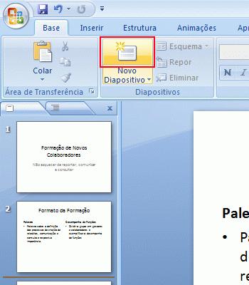 2. Clique em Novo Diapositivo em