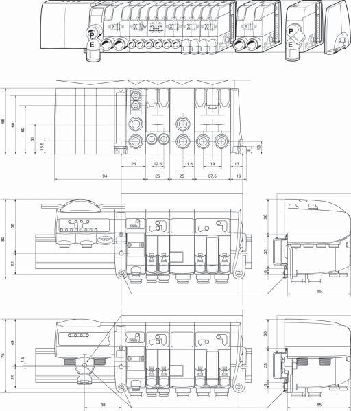 Dimensões Moduflex Ilhas de Válvulas com Comunicação Serial Field bus Série V largura do módulo com comunicação serial: 62 mm largura do módulo e placa lateral: 48 mm largura dos módulos tamanho 1: