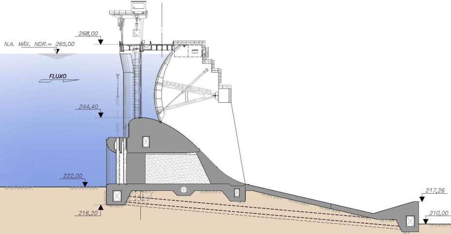 FICHA TÉCNICA: VERTEDOURO Tipo: de superfície, com controle através de 15 comportas segmento com acionamento hidráulico e 21 adufas de desvio (6,70 x 10,00m).