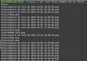 tar O comando tar é utilizado para compactar ou descompactar arquivos. No exemplo será compactada a pasta fotos do diretórios /home/dharma/imagens.