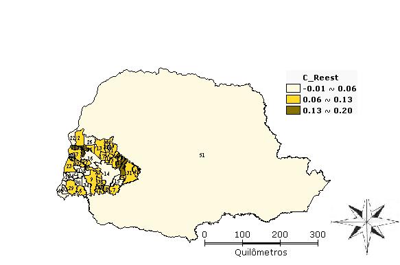 Figura 6 Coeficiente de Reestruturação da População do Oeste e do Estado do Paraná 2000/2010 Fonte: Resultados da Pesquisa a partir de dados do IBGE (2011).