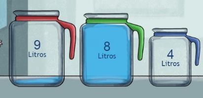 10 Abaixo, 1 litro é obtido enchendo a jarra de 9 litros, então usando a água para encher a jarra de 8 litros, deixando 1 litro na jarra de 9 litros.