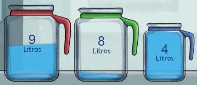 Note que 1 litro foi movido da jarra de 8 litros, porque para fazer 5 litros, a jarra de 9 litros é necessária novamente (assim como a jarra de 4 litros).