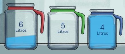 6 Esvazie a jarra de 4 litros e encha a jarra de 5 litros. Novamente, encha a jarra de 4 litros (usando a água da jarra de 5 litros). 1 litro restará na jarra de 5 litros, como apresentado abaixo.