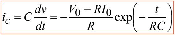 Resposta a uma função excitação constante Corrente no capacitor para t > 0: Corrente no resistor para t > 0: Tensão