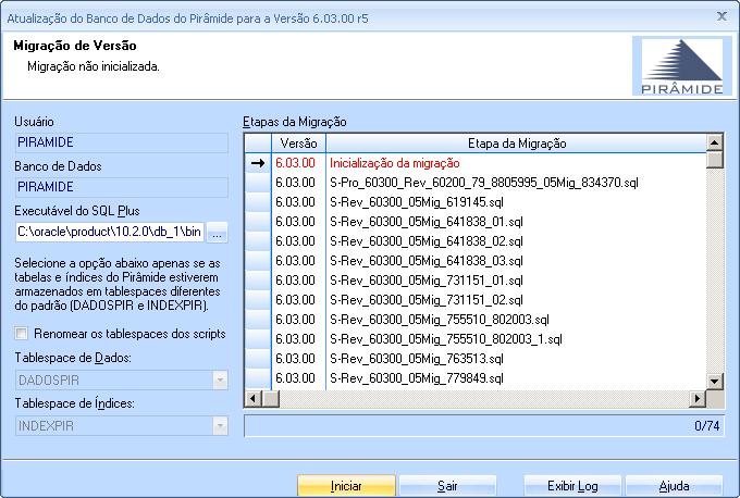 5- Usuário dono do Schema: Usuário: piramide senha: uni0122 A tela abaixo será exibida. Clique em iniciar. Aguardar até que o processo de atualização finalize.