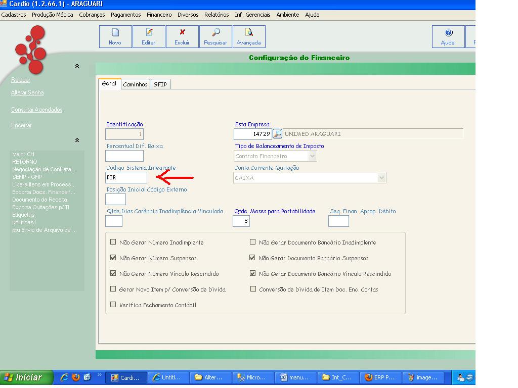 8 Ativar/Desativar Integração: Existem duas maneiras de ativar ou desativar a integração: Uma delas é feita através do cardio na tela configuração do financeiro e define se os documentos financeiros