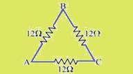 iguais (cada uma de valor 12 Ω) ligam os vértices A,B e C de um triângulo, conforme a