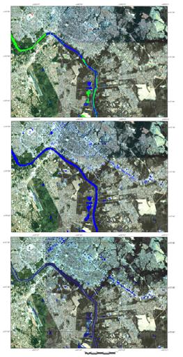 A imagem central é de 17/Jul/2014 e as outras são de abril/2014 (15 à esquerda e 26 à direita). Figura 6 - Presença de ruídos devido a confusão com áreas urbanas de Cuiabá/MT na imagem superior.