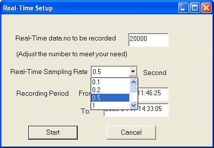f. Para exibição do gráfico em tempo real, clique em 'Real Time(R)', ajuste a quantidade máxima de registros, o intervalo entre os registros, o início e o término dos registros. 8.3.