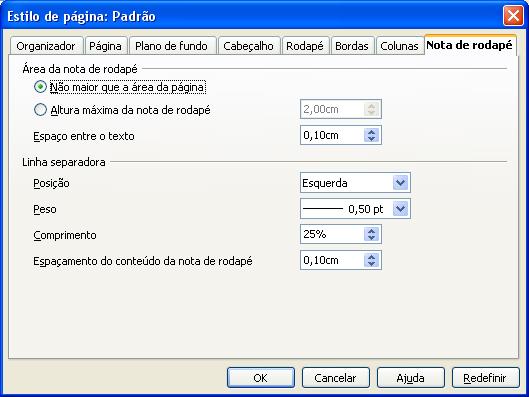 NOTA DE RODAPÉ Especifica as opções de layout para notas