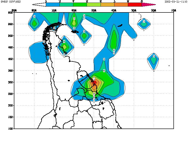 Argentina (50ºS-65ºW), nordeste das Ilhas Falkland (50ºS-55ºW) e sobre o oceano (50ºS-45ºW, 55ºS-40ºW e 45ºS- 30ºW).