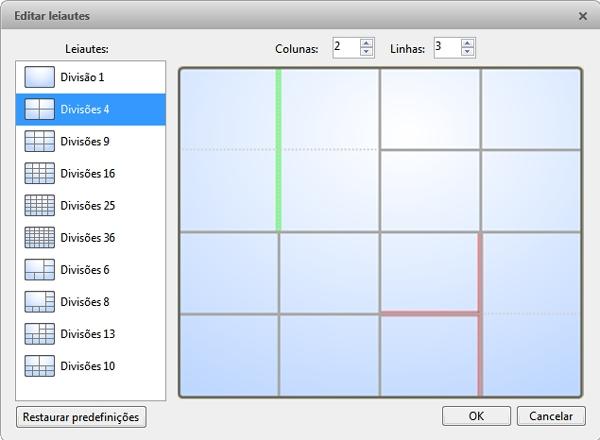 1. Na barra de ferramentas, selecione > Editar layouts... 2. Na caixa de diálogo Editar layouts, selecione o layout que deseja alterar. 3. Insira o número de Colunas: e Linhas: que deseja no layout.