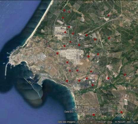 9. Qualidade do Ar - Biomonitorização Biomonitorização em 33 dispositivos 30 locais situados na ZILS e 3 locais de referência fora da ZILS - Mata Nacional de Valverde, Serra do Cercal e Alcácer do
