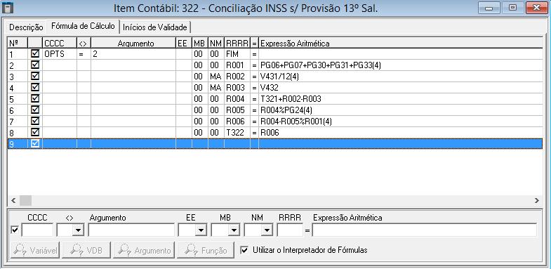 322 Conciliação INSS Provisão de 13º Salário: cálculo do saldo atual da conta INSS s/ a Provisão de 13º Salário, com base no cálculo do item