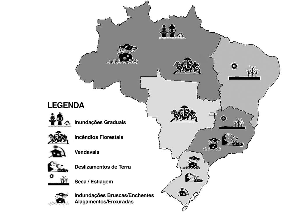 5. Tipos de desastres mais comuns no Brasil Como já foi afirmado anteriormente, o Brasil apresenta características regionais bem distintas com muitas variações climáticas, o que resulta também no
