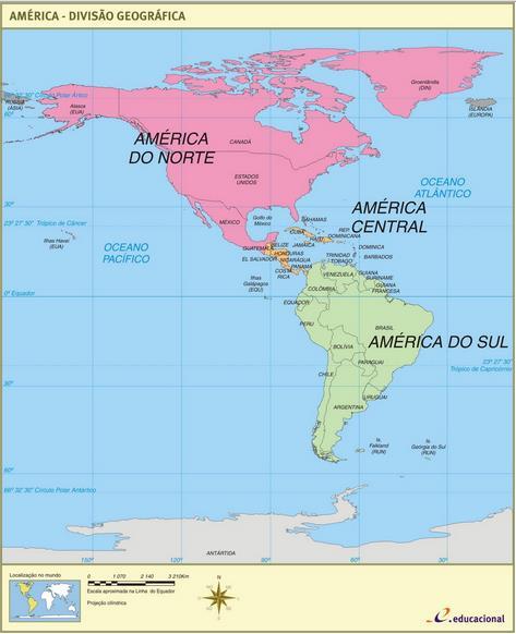 AMÉRICA: REGIONALIZAÇÃO Regionalização Física Critério: distribuição das terras no sentido Norte-Sul.