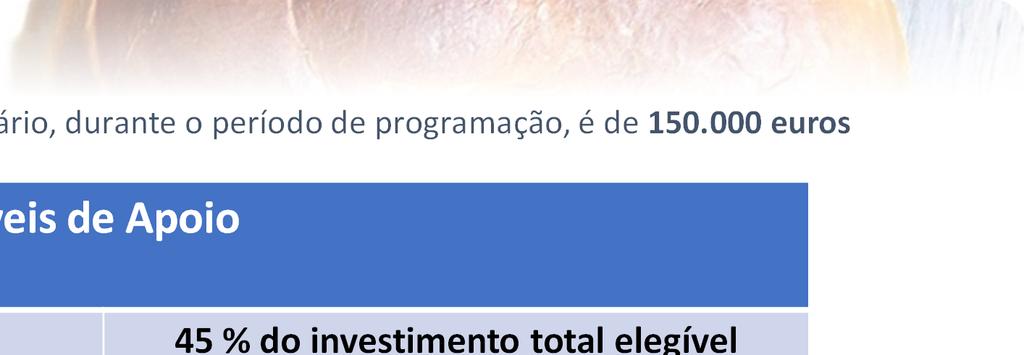 000 euros Níveis de Apoio Sem criação de postos de trabalho 45 % do investimento