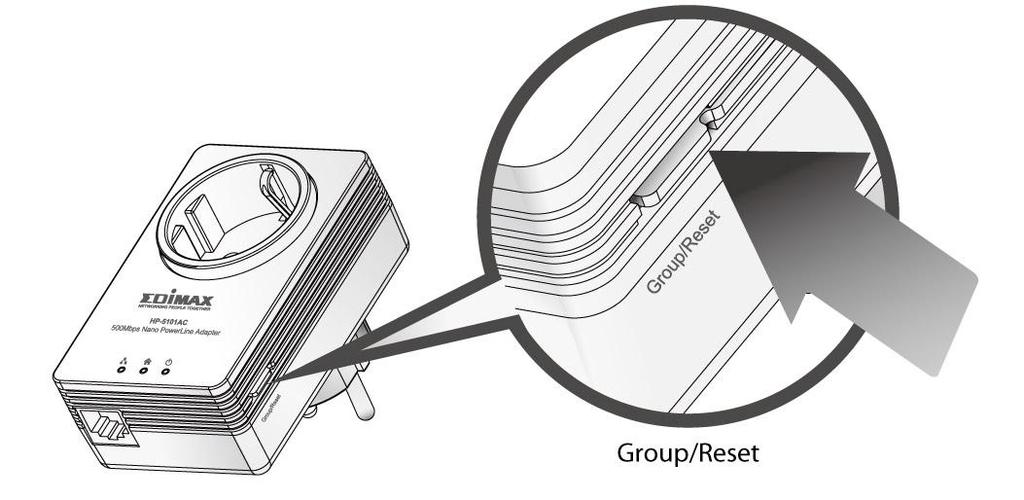 Criar uma rede powerline encriptada com dois adaptadores Depois de ambos os adaptadores terem sido ligados com sucesso, prima o botão Group/Reset (Grupo/repor) de cada adaptador durante menos de 3