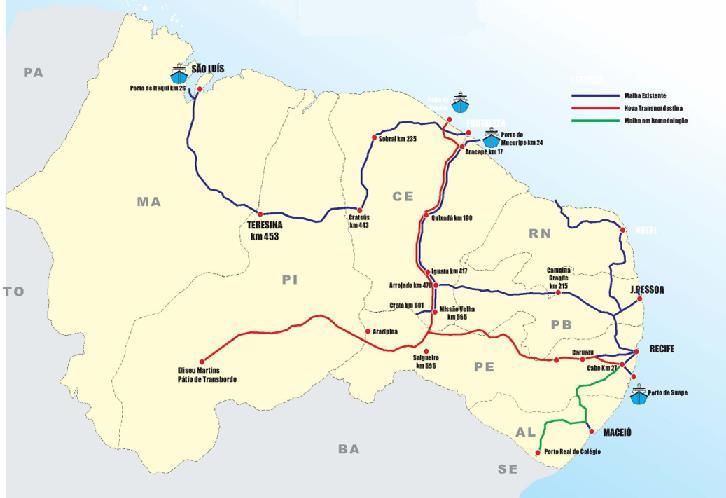 7.3) Logística de Transporte - Malha Rodo-Ferroviária A malha Rodo-Ferrovária do Nodeste, cortando o Estado de Pernambuco de Leste a