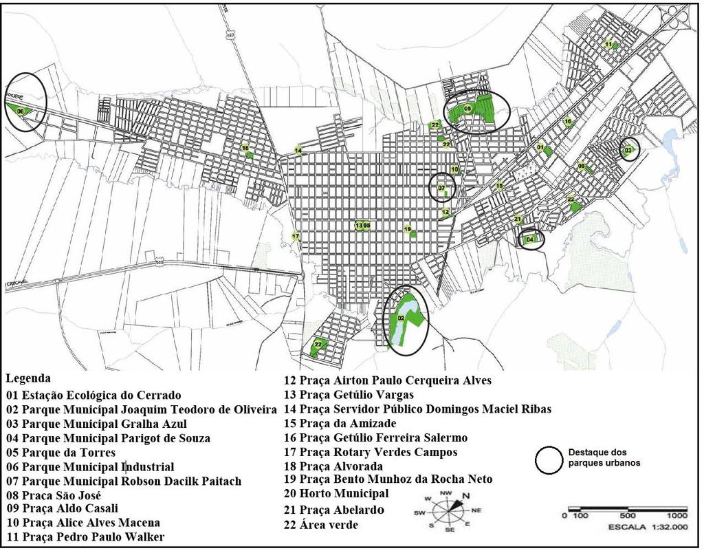 Figura 1: Localização dos parques e praças presentes na cidade de Campo Mourão. Fonte: Plano Diretor Municipal de Campo Mourão-PR (2007); Adaptado por: Morigi, 2015.