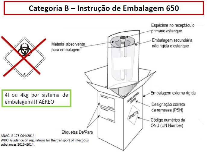 As embalagens terciárias devem conter: Descrição = Substância biológica Categoria B; Código ONU = UN 3373; Nome e endereço do Remetente = Empresa de