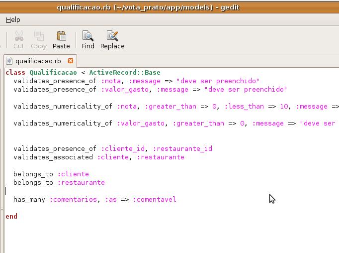 d) Adicione a seguinte linha: has_many :comentarios, :as => :comentavel e) Abra o arquivo app/models/restaurante.
