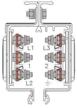 O borne de ligação com 2 furos é localizado na parte externa do condutor e outra peça emenda interna com 2 roscas localizada na parte interna do condutor que serão fixadas no condutor por 2