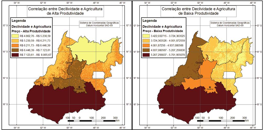 ISSN: 1984-8501 Bol. Goia. Geogr. (Online). Goiânia, v. 35, n. 1, p. 133-155, jan./abr. 2015 Artigo 141 B G G Tabela 2 - Correlação entre o preço da terra e o relevo por mesorregião em Goiás.