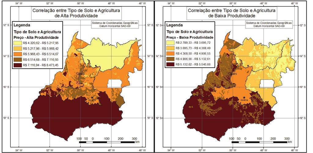 ISSN: 1984-8501 Bol. Goia. Geogr. (Online). Goiânia, v. 35, n. 1, p. 133-155, jan./abr. 2015 Artigo 143 B G G Tabela 3 - Correlação entre o preço da terra e os tipos de solo por mesorregião em Goiás.