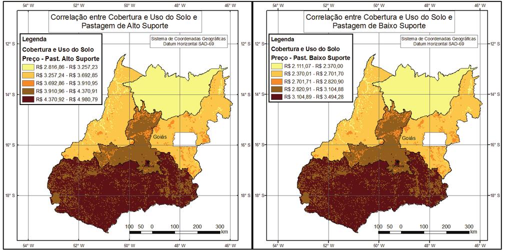 ISSN: 1984-8501 Bol. Goia. Geogr. (Online). Goiânia, v. 35, n. 1, p. 133-155, jan./abr. 2015 Artigo 147 B G G Figura 15 - Preço da terra para pastagem em Goiás em relação à cobertura e ao uso do solo.