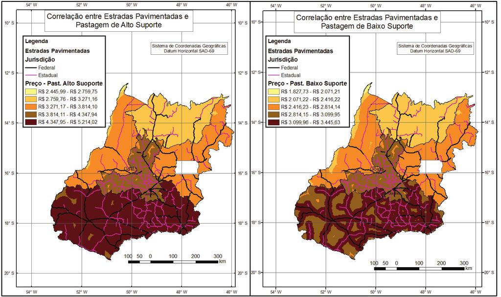 B G G 150 Análise do preço da terra no estado de Goiás Fábio Campos Macedo Proporcionalmente, a menor disponibilidade de estradas encontradas na mesorregião Norte ocasiona preços para pastagem menos