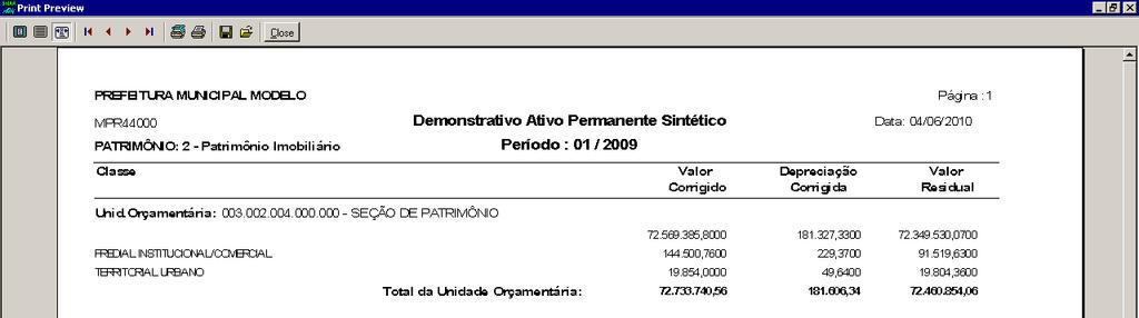 3.6.2 Demonstrativo Ativo Permanente Sintético O demonstrativo ativo permanente sintético é um relatório que relaciona as classes por unidade orçamentária, totalizando todas correções, depreciações e