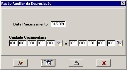 Razão Auxiliar da Depreciação. Figura 213 - Menu Patrimônio > Imobiliário > Relatórios Eventuais > Razão Auxiliar da Depreciação Siga os passos do capítulo 2.1.6.3. Figura 214 - Janela Razão Auxiliar da Depreciação Figura 215 - Ilustração do MPR44400 - Razão Auxiliar da Depreciação 3.