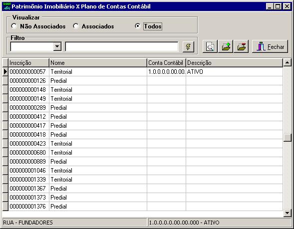 1 2 Figura 186 - Janela Imobiliário X Plano de Contas Contábil 1 Para vincular um patrimônio a um plano de conta contábil, dê um clique no registro do patrimônio
