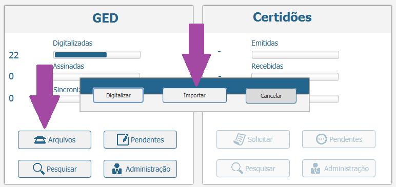 6.1.2 Importar Na opção GED, clique em Arquivos, e depois na opção Importar: A busca e seleção do registro funciona da mesma forma que na tela Digitalizar, onde o usuário deverá digitar o Livro,