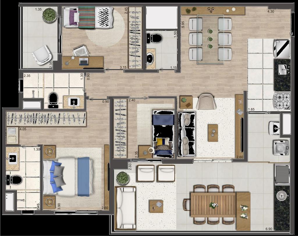 PLANTA TIPO PADRÃO 3 DORMITÓRIOS - 94 m² - FINAL 2,3,6 e 7 Piso laminado nos quartos Infraestrutura para Otimização de Wifi Ponto de tomada para câmeras de monitoramento no teto da Sala, quartos,