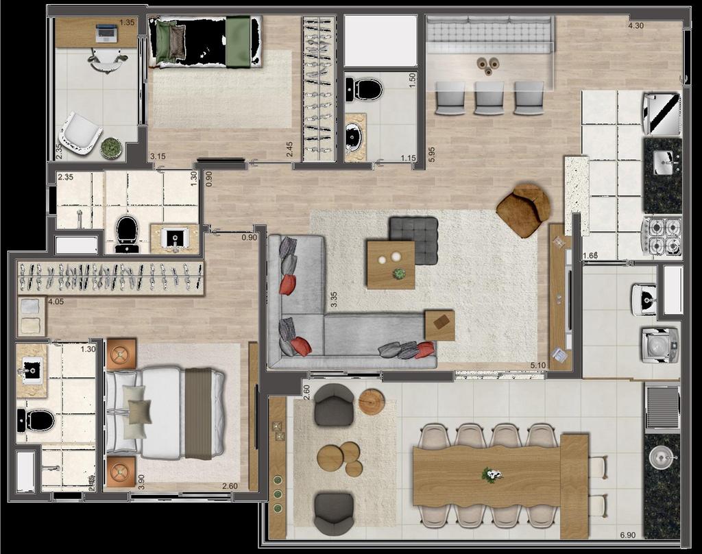 PLANTA TIPO OPÇÃO 2 SUITES COM SALA AMPLIADA 94 m² - FINAL 2,3,6 e 7 QUARTO COM TERRAÇO Piso laminado nos quartos Ponto de tomada para câmeras de monitoramento no teto da Sala, quartos, cozinha e