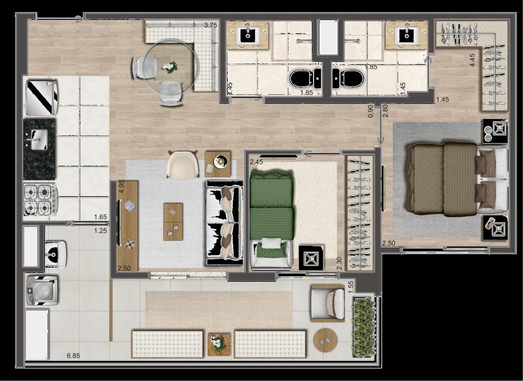 PLANTA TIPO PADRÃO 2 DORMITORIOS - 62 m² - FINAL 1,4,5 E 6 Ponto de tomada para